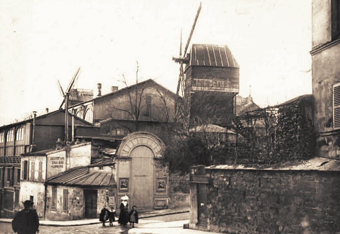 Moulin de la Galette à l'angle de la rue Girardon (droite) et la rue Lepic.jpg